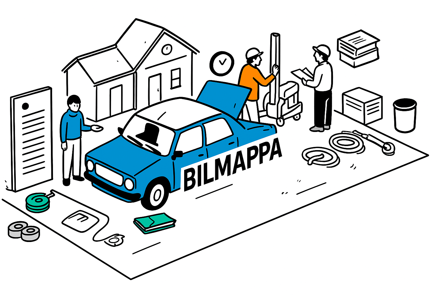 Familie med bil og dokumenter - Bilmappa illustrasjon